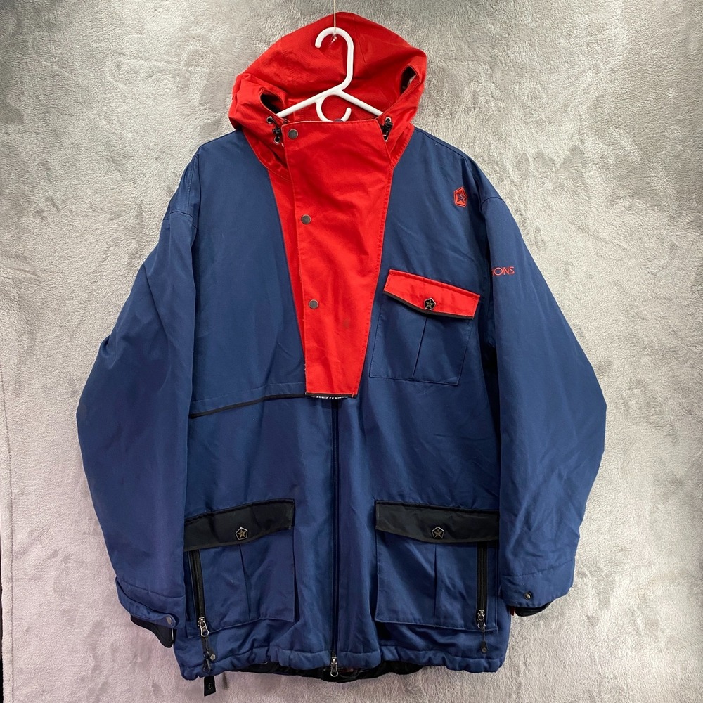 Sessions Snowboard Jacket Mens L Navy Red Colorblock Hooded Waterproof Ski Coat